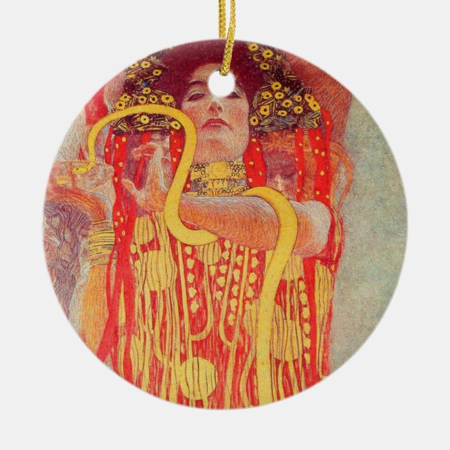 Gustav Klimt Red Woman Gold Snake Painting Ceramic Ornament (Front)