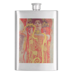 Gustav Klimt Red Woman Gold Snake Painting Hip Flask