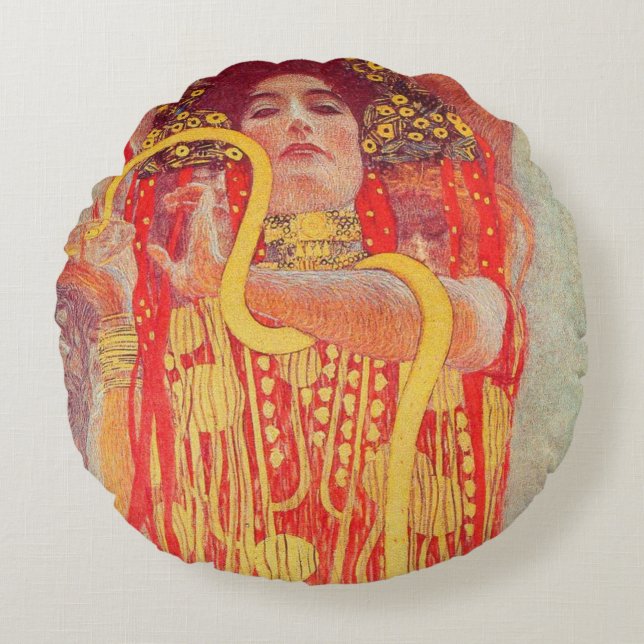 Gustav Klimt Red Woman Gold Snake Painting Round Cushion (Front)