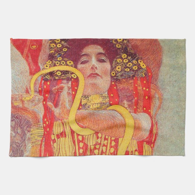 Gustav Klimt Red Woman Gold Snake Painting Tea Towel (Horizontal)