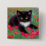 Gustav Klimt Tuxedo Cat 15 Cm Square Badge<br><div class="desc">Button featuring a Gustav Klimt tuxedo cat! This adorable black and white kitty sits in a field of red,  blue,  white,  and orange flowers. An awesome gift for cat lovers and Austrian art enthusiasts!</div>