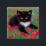 Gustav Klimt Tuxedo Cat 15 Cm Square Badge<br><div class="desc">Button featuring a Gustav Klimt tuxedo cat! This adorable black and white kitty sits in a field of red,  blue,  white,  and orange flowers. An awesome gift for cat lovers and Austrian art enthusiasts!</div>