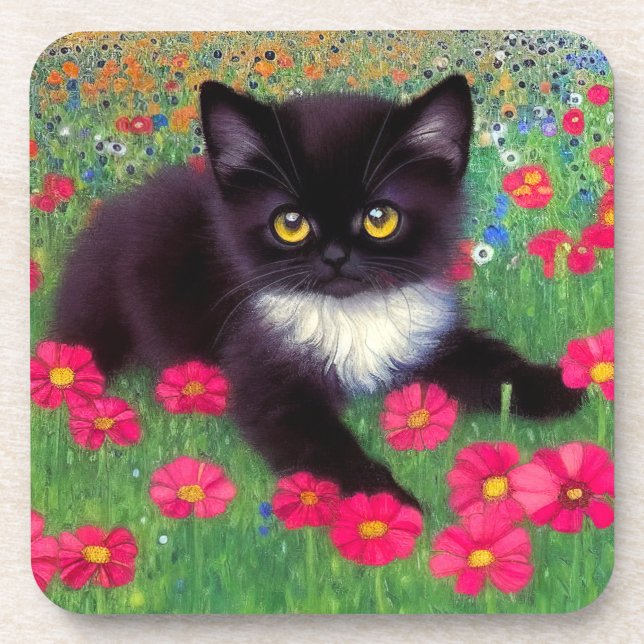 Gustav Klimt Tuxedo Cat Coaster (Front)