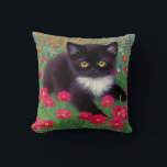 Gustav Klimt Tuxedo Cat Cushion<br><div class="desc">Pillow featuring a Gustav Klimt tuxedo cat! This adorable black and white kitty sits in a field of red,  blue,  white,  and orange flowers. An awesome gift for cat lovers and Austrian art enthusiasts!</div>