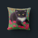 Gustav Klimt Tuxedo Cat Cushion<br><div class="desc">Pillow featuring a Gustav Klimt tuxedo cat! This adorable black and white kitty sits in a field of red,  blue,  white,  and orange flowers. An awesome gift for cat lovers and Austrian art enthusiasts!</div>