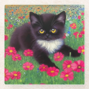 Gustav Klimt Tuxedo Cat Glass Coaster