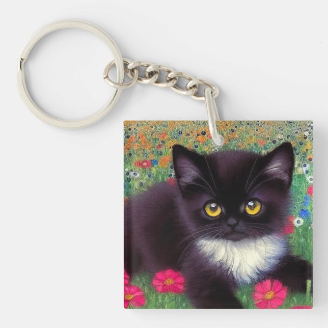 Gustav Klimt Tuxedo Cat Key Ring (Front)