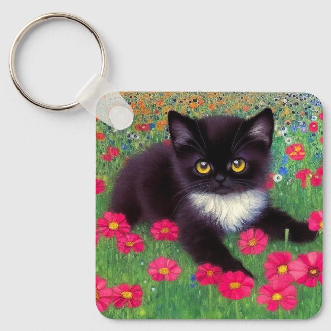 Gustav Klimt Tuxedo Cat Key Ring (Front)