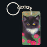 Gustav Klimt Tuxedo Cat Key Ring<br><div class="desc">Keychain featuring a Gustav Klimt tuxedo cat! This adorable black and white kitty sits in a field of red,  blue,  white,  and orange flowers. An awesome gift for cat lovers and Austrian art enthusiasts!</div>
