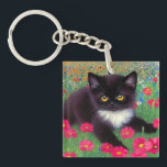Gustav Klimt Tuxedo Cat Key Ring<br><div class="desc">Keychain featuring a Gustav Klimt tuxedo cat! This adorable black and white kitty sits in a field of red,  blue,  white,  and orange flowers. An awesome gift for cat lovers and Austrian art enthusiasts!</div>
