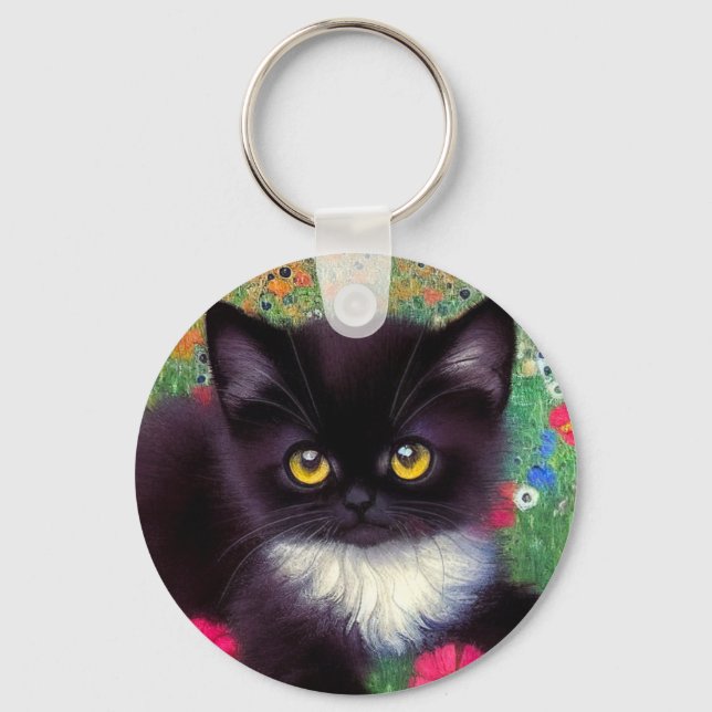 Gustav Klimt Tuxedo Cat Key Ring (Front)