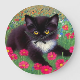 Gustav Klimt Tuxedo Cat Large Clock