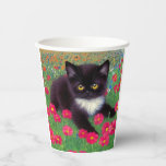 Gustav Klimt Tuxedo Cat Paper Cups<br><div class="desc">Paper Cups featuring a Gustav Klimt tuxedo cat! This adorable black and white kitty sits in a field of red,  blue,  white,  and orange flowers. An awesome gift for cat lovers and Austrian art enthusiasts!</div>