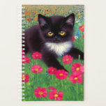 Gustav Klimt Tuxedo Cat Planner<br><div class="desc">Planner featuring a Gustav Klimt tuxedo cat! This adorable black and white kitty sits in a field of red,  blue,  white,  and orange flowers. An awesome gift for cat lovers and Austrian art enthusiasts!</div>