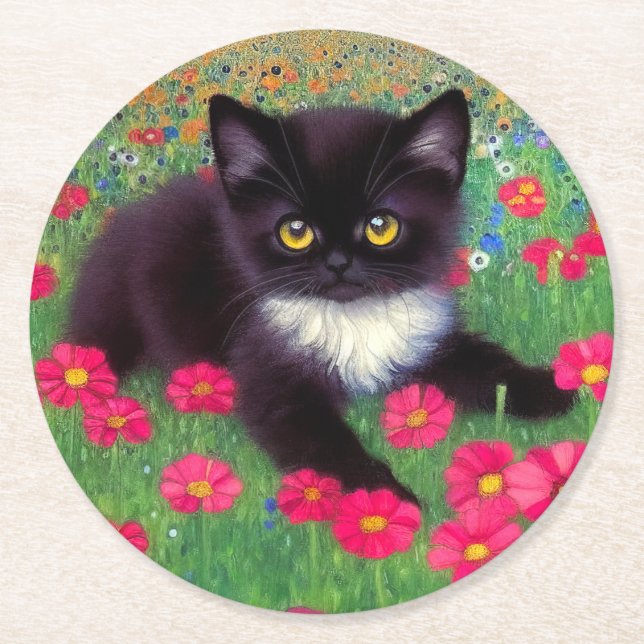 Gustav Klimt Tuxedo Cat Round Paper Coaster (Front)