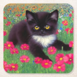 Gustav Klimt Tuxedo Cat Square Paper Coaster<br><div class="desc">Paper Coasters featuring a Gustav Klimt tuxedo cat! This adorable black and white kitty sits in a field of red,  blue,  white,  and orange flowers. An awesome gift for cat lovers and Austrian art enthusiasts!</div>