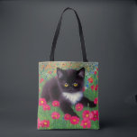 Gustav Klimt Tuxedo Cat Tote Bag<br><div class="desc">Tote Bag featuring a Gustav Klimt tuxedo cat! This adorable black and white kitty sits in a field of red,  blue,  white,  and orange flowers. An awesome gift for cat lovers and Austrian art enthusiasts!</div>