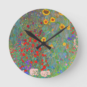Gustav Klimt's Farm Garden with Sunflowers   Round Clock