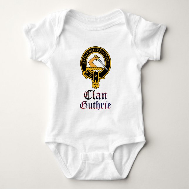 Guthrie scottish crest and tartan clan name baby bodysuit (Front)