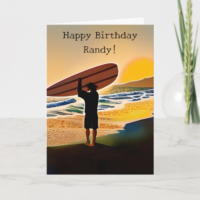 Guy on Beach with Surf Board at Sunset Card (Front)