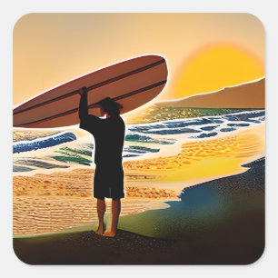 Guy on Beach with Surf Board at Sunset Square Sticker