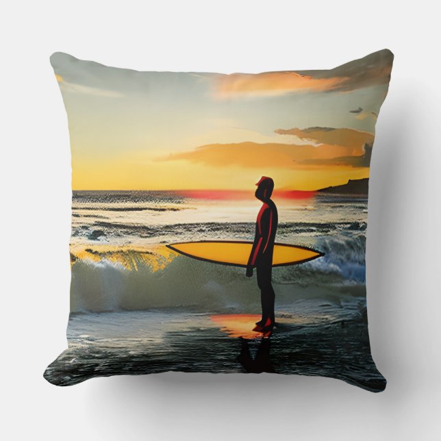 Guy on Beach with Surf Board Sunset Cushion (Front)