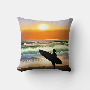 Guy on Beach with Surf Board Sunset Cushion