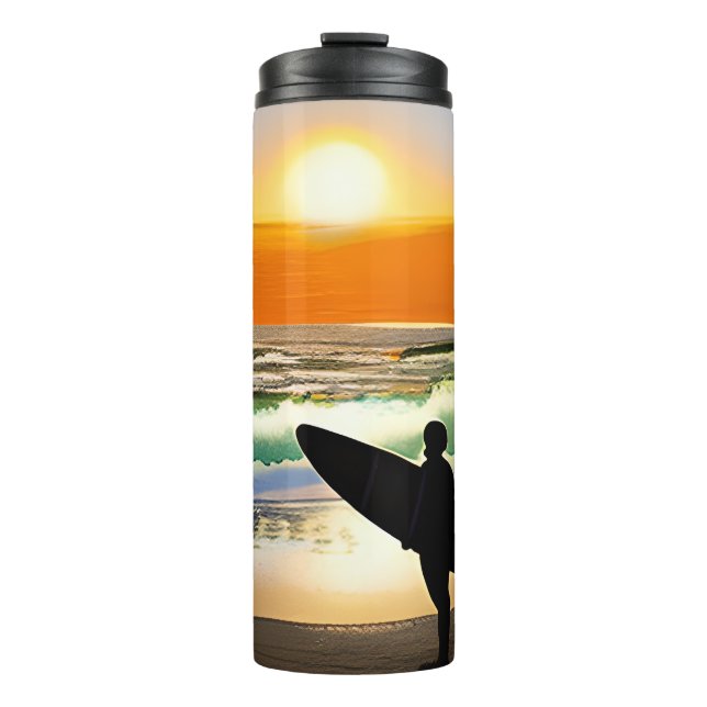 Guy on Beach with Surf Board Sunset Thermal Tumbler (Front)