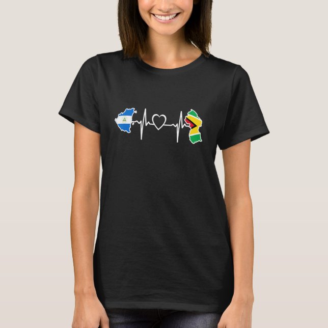 Guyana Nicaragua Flag Guyanese Nicaraguan Heartbea T-Shirt (Front)