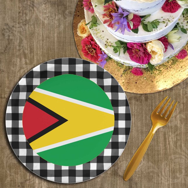 Guyana Plate, buffalo plaid & Guyana Flag Paper Plate (Creator Uploaded)