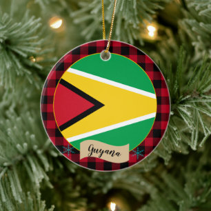Guyana, Red buffalo plaid & Guyana Flag Ceramic Ornament