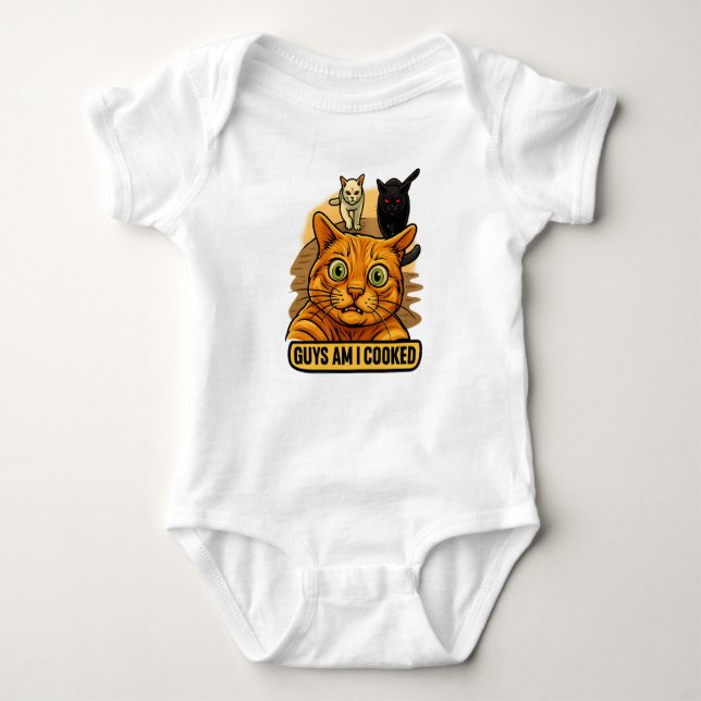 Guys Am I Cooked? Funny Cat Meme Panic Reaction Baby Bodysuit (Front)