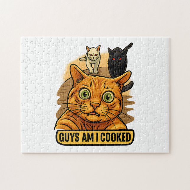 Guys Am I Cooked? Funny Cat Meme Panic Reaction Jigsaw Puzzle (Horizontal)