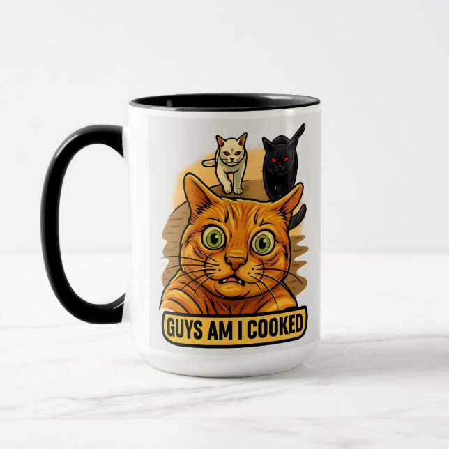 Guys Am I Cooked? Funny Cat Meme Panic Reaction Mug (Left)