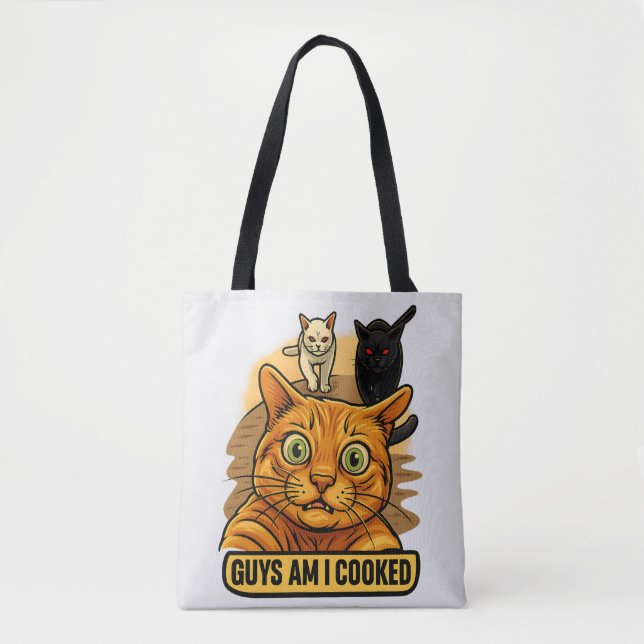 Guys Am I Cooked? Funny Cat Meme Panic Reaction Tote Bag (Front)