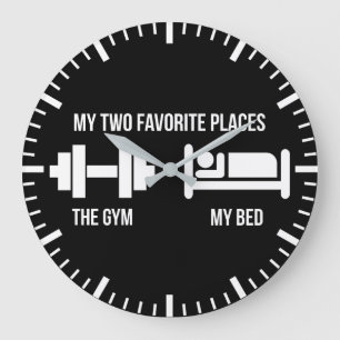 Gym and Bed - Funny Cartoon Pictogram - Novelty Large Clock