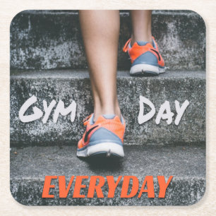 Gym Day Everyday Workout Motivation Stairs Orange Square Paper Coaster