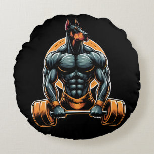 GYM doberman dog bodybuilder powerlifter Round Cushion