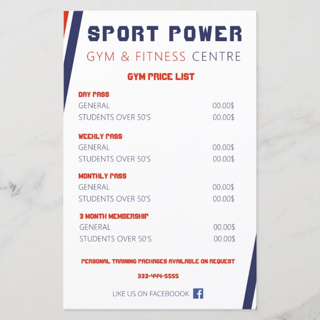 Gym & Fitness Centre Power Sport Price List (Front)