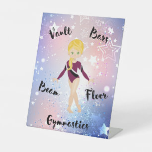 Gym Star Blonde, Green Eyes, Burgundy Leotard Pedestal Sign