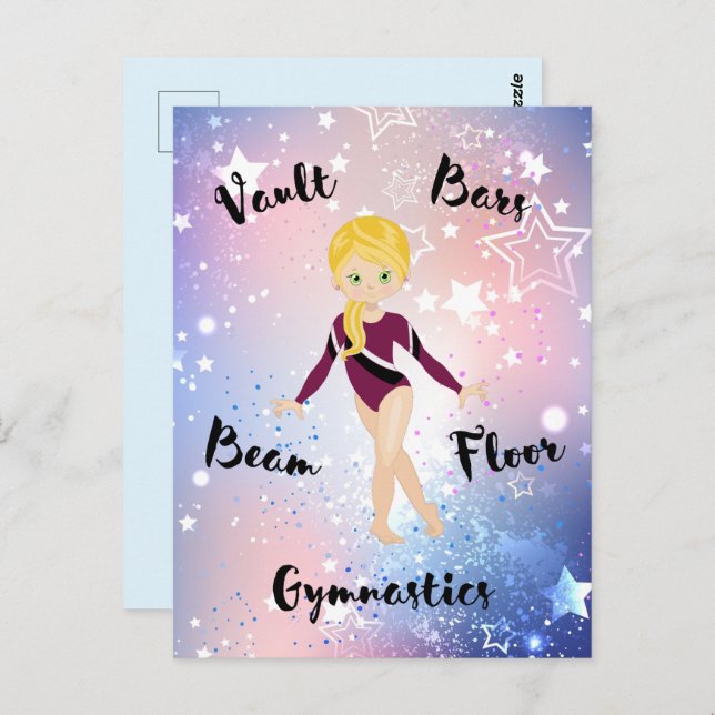 Gym Star Blonde, Green Eyes, Burgundy Leotard   Postcard (Front/Back)