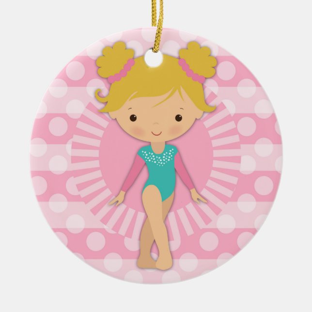 Gymnast - Cute Gymnastics Pink Aqua Blonde Ceramic Ornament (Front)