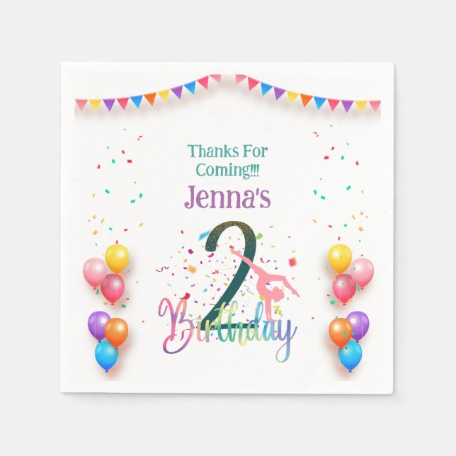 Gymnast cute kids birthday party colourful card napkin (Front)
