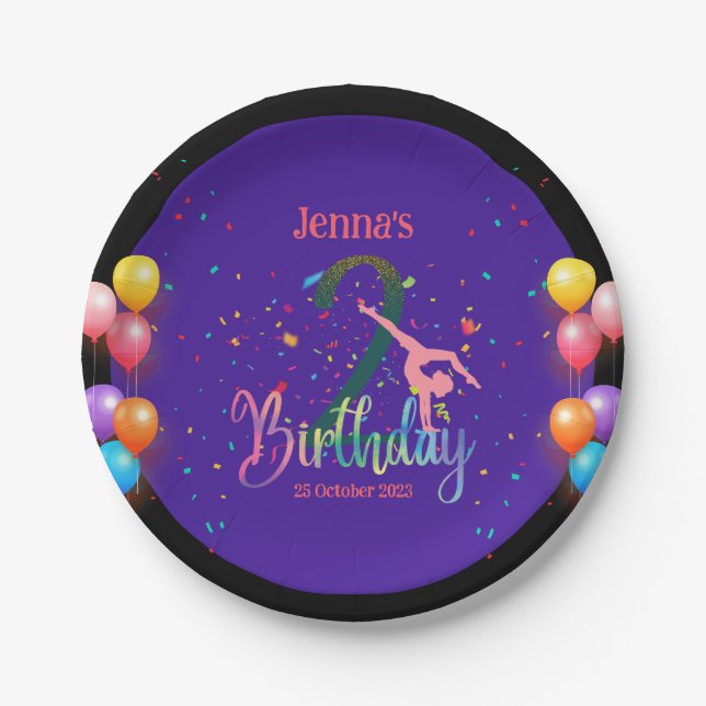 Gymnast cute kids birthday party colourful card paper plate (Front)