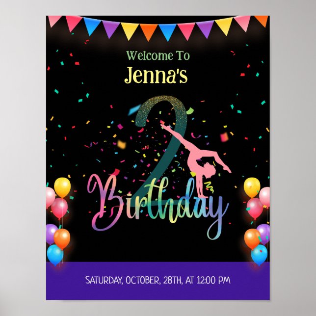 Gymnast cute kids birthday party colourful poster (Front)