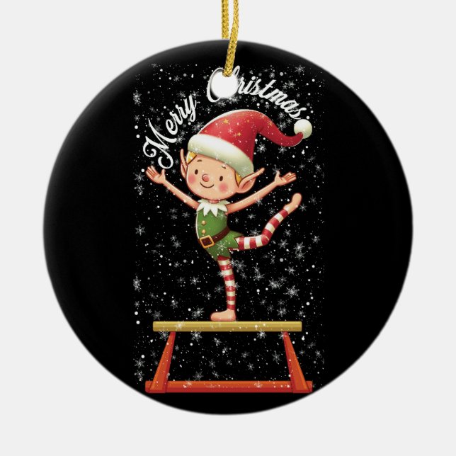 Gymnast Elf on Balance Beam   Xmas Gymnastics Chri Ceramic Ornament (Front)