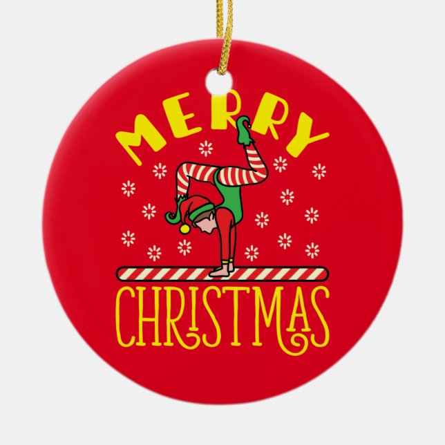 Gymnast Elf on Beam Gymnastics Christmas Ceramic Ornament (Front)