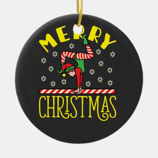 Gymnast Elf on Beam Gymnastics Christmas T-Shirt Ceramic Ornament (Front)