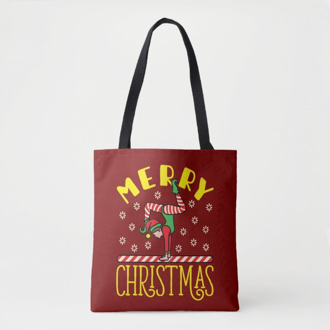 Gymnast Elf on Beam Gymnastics Christmas Tote Bag (Front)