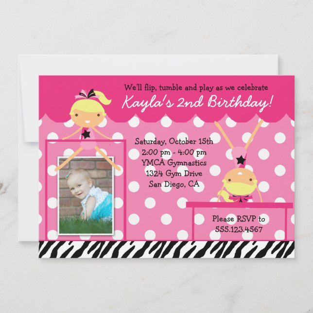 Gymnast Gymnastics Birthday Party Invitation Zebra (Front)